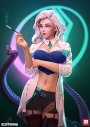 3d 3d_(artwork) blue_eyes breasts cleavage clothing dzung_phung_dinh glasses hips holding_object large_breasts lily_(subverse) long_hair milf subverse tentacle thick_thighs thighhighs thighs tummy vagina white_hair