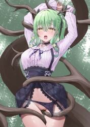 absurdres antlers black_choker bondage bound bound_arms bound_wrists branch breasts censored ceres_fauna ceres_fauna_(3rd_costume) choker classic_(zildjian33) clothes_pull crying earrings female flower green_hair hair_flower hair_ornament hair_ribbon highres hololive hololive_english hololive_english_-council- hololive_english_-promise- jewelry long_hair looking_at_viewer mole mole_under_eye mosaic_censoring navel official_alternate_costume panties panty_pull pussy restrained ribbon saliva shirt skirt skirt_pull solo steam tears thigh_gap thighs underwear virtual_youtuber wet yellow_eyes