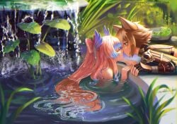 1boy 1girls animal_ears bare_shoulders bare_skin detailed_background face-to-face female genshin_impact gorou_(genshin_impact) imminent_kiss in_water kissing long_hair nose_to_nose nude_female pink_hair romantic romantic_ambiance sangonomiya_kokomi straight two_tone_hair water wet wet_hair wet_skin