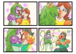 2girls 4koma ass_expansion breast_expansion breasts clothing comic corruption enemy_conversion eye_color_change female female_only green_skin hair_color_change hair_growth head_transformation huge_ass huge_breasts identity_death kissing leaf_hair lip_expansion lipples long_hair long_tongue lurkingcroak mario_(series) midriff mind_control multiple_girls navel open_mouth outdoors piranha_plant plant plant_girl plant_transformation plantie princess_daisy princess_peach purple_skin skin_color_change standing thigh_expansion tongue tongue_out transformation transformation_sequence wide_hips yuri