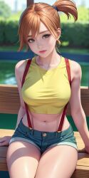 1girls ai_generated female female_only kasumi_(pokemon) looking_at_viewer misty_(pokemon) orange_hair pokegirl pokemon red_straps sitting smiling_at_viewer solo yellow_topwear