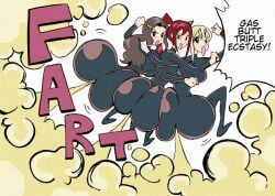 3girls ass_to_ass big_ass blonde_hair brown_hair cana_alberona erza_scarlet excessive_fart fairy_tail fart fart_cloud female female_only huge_ass huge_fart jiggle_butt_gang lucy_heartfilia paiselytothemax red_hair skintight