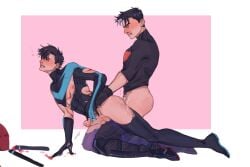 2boys anal anal_sex batcest batman_(series) bottomless cumming_from_anal_sex cumming_untouched cumming_while_penetrated dc dc_comics dick_grayson dubious_consent gay hands_on_hips jason_todd jaydick kneeling leg_between_thighs male male/male male_focus male_only nightwing open_mouth questionable_consent red_hood_(dc) scratches secretly_loves_it torn_clothes torn_clothing yaoi 和风