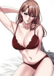 1girls arm_behind_head arm_up armpits bra breasts brown_eyes brown_hair closed_mouth collarbone commentary earrings english_commentary highres jewelry large_breasts lingerie lips long_hair looking_at_viewer mature mature_female milf navel oshi_no_ko panties red_bra red_panties saitou_miyako shirt_removed sitting solo stomach thighs underwear underwear_only xtermination