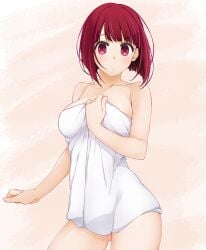 arima_kana bare_arms bare_shoulders blush closed_mouth collarbone commentary_request female gluteal_fold hand_up hinata_masaki looking_at_viewer naked_towel oshi_no_ko red_eyes red_hair short_hair solo towel