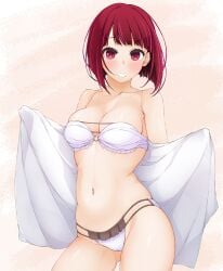 arima_kana bare_shoulders bikini blush breasts collarbone contrapposto female gluteal_fold grin hands_up hinata_masaki holding holding_towel looking_at_viewer medium_breasts navel o-ring o-ring_bikini o-ring_top open_towel oshi_no_ko red_eyes red_hair short_hair smile solo strapless strapless_bikini swimsuit towel white_bikini