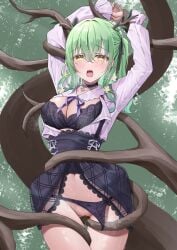 absurdres antlers black_choker bondage bound bound_arms bound_wrists bra branch breasts censored ceres_fauna ceres_fauna_(3rd_costume) choker classic_(zildjian33) clothes_pull crying earrings female flower green_hair hair_flower hair_ornament hair_ribbon highres hololive hololive_english hololive_english_-council- hololive_english_-promise- jewelry long_hair looking_at_viewer mole mole_under_eye mosaic_censoring navel official_alternate_costume open_clothes open_shirt panties panty_pull pussy restrained ribbon saliva shirt skirt skirt_pull solo steam tears thigh_gap thighs underwear virtual_youtuber wet yellow_eyes