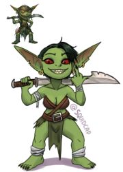 barefoot black_nails cleavage earrings goblin goblin_female green_hair green_skin grin pathfinder pointy_ears red_eyes red_sclera reference_image sharp_teeth sword