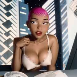 1girls ai_generated batman_(series) batman_beyond big_breasts bra brown_eyes cleavage dark-skinned_female dark_skin dc dc_comics dcau erect_nipples_under_clothes female female_only hard_nipples lingerie lips lipstick max_gibson nipples pink_hair pokies sexy_lingerie short_hair unknown_artist