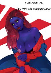 betamel_drawing big_breasts blue_skin clothed dialog dialogue erect_nipples half-dressed marvel marvel_comics mystique nipples partially_clothed pov pov_eye_contact red_hair spider-man_(series) x-men x-men_(movie_series) yellow_eyes