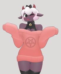 1boy 1femboy 2022 adorable anthro blush caprine cult_of_the_lamb cute exqmaster femboy girly girly_boy heart hi_res horns lamb_(cult_of_the_lamb) looking_at_viewer loose_clothes male male_only neck_bell red_crown_(cult_of_the_lamb) solo sweater tongue_out white_hair wide_sleeves wink winking_at_viewer