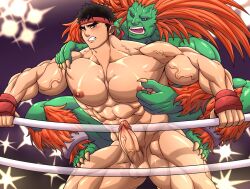 baobaoart bara blanka blush body_hair boner capcom erection gay green_skin headband male male_only muscles muscular nipple_play nude orange_hair ryu_(street_fighter) street_fighter