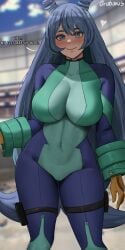 1girls blue_eyes blue_hair bodysuit breasts commission dialogue english_text female hadou_nejire hadou_nejire_(hero_outfit) hero_outfit_(mha) hips huge_breasts long_hair my_hero_academia naughty_face nejire_hado nejire_hado_(hero_outfit) oroborusart savagexthicc smile text thick_thighs thighs wide_hips