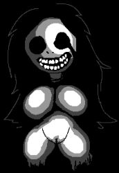 big_ass big_breasts black black_hair female her_(imscared) imscared monochrome nightmare_waifu no_arms no_legs nude pixel_art pussy smile thick_thighs