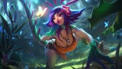 alternate_breast_size biceps blue_hair chameleon_girl edit edited_official_artwork hand_to_own_mouth hanging_breasts huge_breasts large_breasts laugh laughing leaf_bikini league_of_legends leaning_forward neeko orange_hair purple_lips riot_games scales skimpy smirk smug smug_face straps sutton184_edits tail thick_thighs third-party_edit toned toned_female