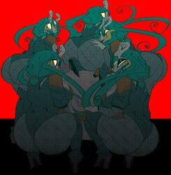 2021 5girls alien ass big_ass big_breasts bottomwear breasts clown curvy curvy_figure cyan_hair cyan_leotard dat_ass dongwongtang fat_ass female female_focus female_only fishnets high_heels horns huge_ass large_ass leotard long_hair looking_at_viewer looking_back ly'_mun more_at_source multiple_girls ninja no_pupils oc original original_character pale-skinned_female pale_skin pupilless_eyes red_background smile squatting thick_thighs topwear twintails wide_hips