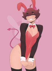 1boy 2023 brown_hair bunny_ears bunny_ears_(cosmetic) bunnysuit demon_boy demon_horns demon_tail detached_collar exqmaster femboy girly heart-shaped_pupils hi_res horns looking_at_viewer male male_only neck_ribbon original original_character pink_background pink_eyes smiling smiling_at_viewer solo stockings tail teeth_showing wrist_cuffs