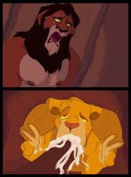 2boys :>= anthro blowjob cum cum_in_mouth cum_inside disney double_v fellatio furry gay green_eyes incest lion male male/male male_only nipples peace_sign red_eyes scar_(the_lion_king) simba simple_background the_lion_king twink uncle uncle_and_nephew v victory_sign yaoi yellow_sclera