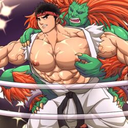 baobaoart bara blanka body_hair capcom clothed gay green_skin headband male male_only muscles muscular nipple_play open_clothes orange_hair ryu_(street_fighter) street_fighter