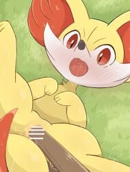 blush bodily_fluids censor_bar detailed_background female fennekin feral fur generation_6_pokemon genitals grass hi_res inner_ear_fluff nintendo open_mouth penetration plant pokemon pokemon_(species) pupils pussy quadruped red_body red_eyes red_fur rumine saliva slit_pupils solo sweat tuft vaginal_penetration vaginal_penetration white_body white_fur yellow_body yellow_fur