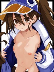 1girls blush breasts completely_nude completely_nude_female disgaea disgaea_4 embarrassed embarrassed_nude_female enf female fuka_kazamatsuri iwasi_r jacket jacket_open naked naked_jacket nippon_ichi_software nude open_clothes small_breasts solo