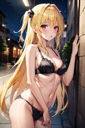 ai_generated black_bra black_panties blonde_hair bra golden_darkness lingerie long_hair outdoors outside panties partially_clothed red_eyes stable_diffusion to_love-ru to_love-ru_darkness