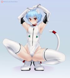 1boy armpits blue_hair bulge cat_ears cat_tail clothing femboy genderswap_(ftm) gomi-cake human latex leotard male male_only neon_genesis_evangelion pale_skin plugsuit red_eyes rei_ayanami rule_63 solo spread_legs white_latex yaoi