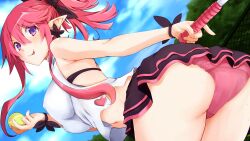 alternate_version_available behind_view bending_over bra breasts disgaea disgaea_5 iwasi_r large_breasts looking_at_viewer nipple_bulge nippon_ichi_software panties seraphina_(disgaea) sweat tennis tennis_ball tennis_racket thighs upskirt