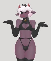 1boy 1femboy 2022 adorable anthro arm_gloves black_legwear blush bulge caprine cult_of_the_lamb cute exqmaster femboy girly girly_boy heart heart_cutout hi_res horns lamb_(cult_of_the_lamb) legs_together legwear lingerie looking_at_viewer male male_only neck_bell red_crown_(cult_of_the_lamb) solo thigh_gap thong tongue_out white_hair wink winking_at_viewer