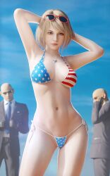 1girls 2boys 3d american_flag_bikini armpits arms_behind_head arms_up ashley_graham ashley_graham_(ella_freya) big_breasts bikini blonde_hair blue_eyes breasts busty capcom cleavage confident female female_focus fugtrup hourglass_figure large_breasts legs light-skinned_female light_skin male national_personification navel necklace pose posing resident_evil resident_evil_4 resident_evil_4_remake sensual sexy_armpits short_hair smile sunglasses sunglasses_on_head thighs wide_hips