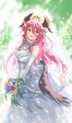 1girls big_breasts blush bouquet breasts clothed clothing dragalia_lost dress ekra female female_only gloves horns light-skinned_female light_skin mym pink_hair solo tagme veil wedding_dress wedding_veil white_gloves yellow_eyes