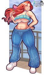 athletic athletic_female big_breasts blue_eyes blush chelsea_(ruby_gillman) fit fit_female flowing_hair hourglass_figure huge_breasts human_form large_breasts midriff red_hair rose ruby_gillman,_teenage_kraken smile sutema wide_hips