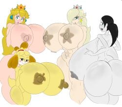 4girls abs animal_crossing anthro areolae ass ass_bigger_than_head back backboob big_ass big_breasts big_butt big_nipples big_thighs black_hair blonde_hair blue_eyes breasts breasts_bigger_than_head brown_eyes bubble_ass bubble_butt butt butt_bigger_than_head chocovenus_(body_type) company_connection crossover crown earrings female female_only hair_over_one_eye half-closed_eyes hands_on_breasts heart-shaped_areolae huge_ass huge_breasts human hyper hyper_ass hyper_breasts hyper_hourglass isabelle_(animal_crossing) large_ass large_breasts leaf-shaped_areolae light-skinned_female light_skin lips lipstick long_hair looking_at_viewer looking_back looking_back_at_viewer mario_(series) multiple_humans naked nintendo nipples nude open_mouth pink_lipstick platinum_blonde_hair ponytail princess_peach princess_rosalina star-shaped_areolae star_earrings tail tasteofchoklit thick thick_ass thick_butt thick_hips thick_thighs thighs thighs_bigger_than_head tied_hair white_background white_skin wide_hips wii_fit wii_fit_trainer yellow_fur