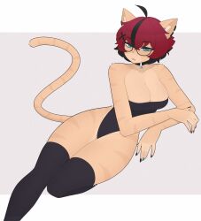 1girls 2023 aeiou_(yoako) ahoge anthro black_hair black_thighhighs blue_eyes cat_ears cat_tail cleavage collar exqmaster feline female female_only fur furry furry_only glasses hi_res leotard looking_at_viewer red_hair slit_pupils solo suit tail thighhighs two_tone_hair