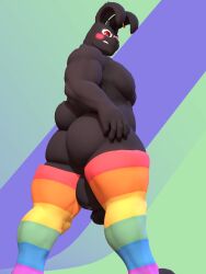 3d anthro anxiboi ass balls biceps big_balls big_butt big_penis black_body black_fur brush clothing demon ear_piercing ear_ring footwear fur gay gay_pride gay_pride_colors genitals hi_res humanoid_genitalia lagomorph leporid lgbt_pride long_ears looking_at_viewer looking_back male mammal muscular muscular_anthro muscular_male pecs penis piercing pose pride_color_accessory pride_color_clothing pride_color_flag pride_colors rabbit red_eyes ring_piercing short_tail socks solo tail thick_thighs zarek_(anxiousanxiety)