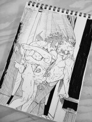 2boys against_wall anal anal_sex anal_sex carrying_partner eijirou_kirishima fast_thrusts gay hand_drawn katsuki_bakugou line_art loosensfw male male/male male_only my_hero_academia open_mouth standing yaoi