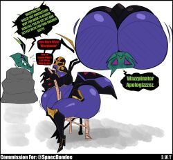 1girls 1other 2021 armor artist_name ass big_ass big_breasts blackarachnia bottom_heavy breasts chair commission dat_ass dialogue dongwongtang duo english_text facesitting fat_ass female female_focus gigantic_ass huge_ass huge_breasts large_ass large_breasts mature_female presenting_hindquarters rear_view sitting_backwards text thick_thighs transformers waspinator white_background wide_hips wiggle_lines