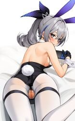 blush breasts bunnysuit console ett exposed_breasts exposed_pussy gloves grey_eyes grey_hair honkai:_star_rail looking_at_viewer looking_back mostly_clothed nintendo_switch pussy silver_wolf_(honkai:_star_rail) top_down torn_clothing uncensored white_hair