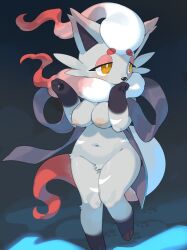 1girls 2023 anthro areola big_breasts blush breasts female female_only fox fox_ears fox_girl fox_tail fur game_freak grey_body grey_fur hi_res hisuian_zorua kame_3 looking_away nintendo nipples orange_eyes pokemon pokemon_(species) pokemon_legends:_arceus red_areola red_nipples solo yellow_eyes zorua