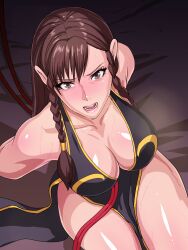 alternate_costume arms_behind_back bare_arms bare_legs bare_shoulders bed blush bondage bound braid breasts brown_eyes brown_hair capcom china_dress chinese_clothes chun-li chun-li_(battle_ouffit_sfv) cleavage collarbone dress female female_focus hentaix highres large_breasts legs long_hair looking_at_viewer open_mouth restrained shiny_skin sitting solo street_fighter street_fighter_v sweat thighs twin_braids