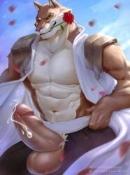 1boy anthro bleach bodily_fluids canid canine canis cum erection fenwick_art flower gay hi_res humanoid male male_only mammal muscular muscular_male petals plant rose_(flower) sajin_komamura solo solo_male wolf