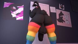 16:9 3d anthro anxiboi ass balls biceps big_butt big_penis black_body black_fur brush clothing demon footwear fur gay gay_pride gay_pride_colors genitals hi_res humanoid_genitalia lagomorph leporid lgbt_pride looking_at_viewer looking_back male mammal muscular muscular_anthro muscular_male penis pose poster pride_color_clothing pride_color_flag pride_colors rabbit red_eyes socks solo thick_thighs white_body white_fur widescreen zarek_(anxiousanxiety)