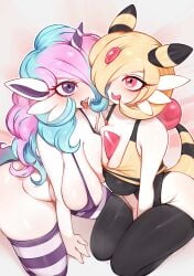 2023 ampharos big_breasts blonde_hair blue_hair blush bra breasts female fusion galarian_ponyta galutine game_freak gardevoir lem0n_bun multicolored_hair pink_hair pokemon pokemon_(species) ponyta purple_eyes red_eyes short_blonde_hair short_hair stockings tank_top tongue_out