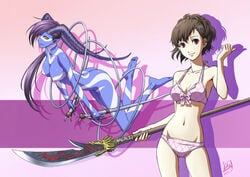 2girls asymmetrical_hair atlus barefoot bikini blue_skin breasts brown_hair cybele cybele_(megami_tensei) demon_girl dual_wielding feet female_protagonist_(persona_3) floating hair_ornament holding horns kotone_shiomi long_hair mcq megami_tensei multiple_girls naginata navel nipples nude persona persona_3 persona_3_portable pointy_ears polearm ponytail purple_hair red_eyes short_hair swimsuit weapon yellow_eyes