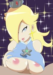 1boy 1girls areolae bedroom_eyes bimbo blonde_hair crown cum_on_clothes cum_stain cum_through_clothes doublehero female holding_breast inverted_nipples lipstick looking_at_viewer mario_(series) mario_tennis nintendo paizuri paizuri_under_clothes pov princess_rosalina tank_top