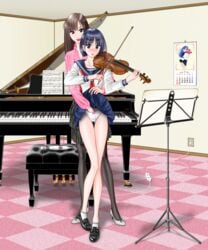 2girls ao_suishou bare_legs blue_eyes blue_hair blush bob_cut bow_(instrument) brown_eyes brown_hair calendar_(object) chair checkered checkered_floor clothing female fingering full_body grand_piano hand_in_panties highres hitachi_magic_wand indoors instrument lips loafers long_hair multiple_girls music_stand original panties pantyhose piano school_uniform serafuku sheet_music shoes short_hair skirt skirt_lift student teacher underwear vibrator violin yuri