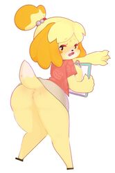 animal_crossing anthro ass big_breasts big_butt blush bodily_fluids bottomless breasts canid canine canis clipboard clothed clothing domestic_dog female fur furry furry_only genitals hair half-closed_eyes hi_res isabelle_(animal_crossing) looking_at_viewer looking_back mammal narrowed_eyes nintendo open_mouth partially_clothed pussy shih_tzu simple_background solo standing sweat tail teeth thick_thighs tongue toy_dog video_games white_background wide_hips wtchynbtchy yellow_body yellow_fur