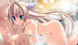 1girls angel_ring blonde_hair blue_eyes blush breasts censored game_cg handjob long_hair masturbation mika_alsted_heine nipples nude open_mouth penis steam twintails yamakaze_ran