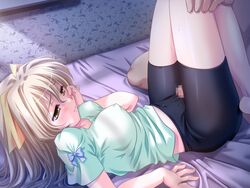 1boy 1girls atelier_kaguya atelier_kaguya_honky-tonk_pumpkin bed bike_shorts blonde_hair blush breasts censored cg covered_erect_nipples crotch_rub cum delta! dry_humping erect_nipples female game_cg gold_eyes grinding hair hetero hinokidera_setsuna humping lying outercourse penis precum sapporo_momoko shorts spandex spats sumata thigh_sex thighs yellow_eyes