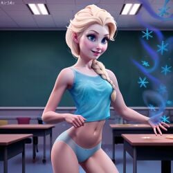 1girls ai_generated air34x blonde_hair blue_eyes braid classroom clothing disney elsa_(frozen) frozen_(film) magic panties petite school small_breasts